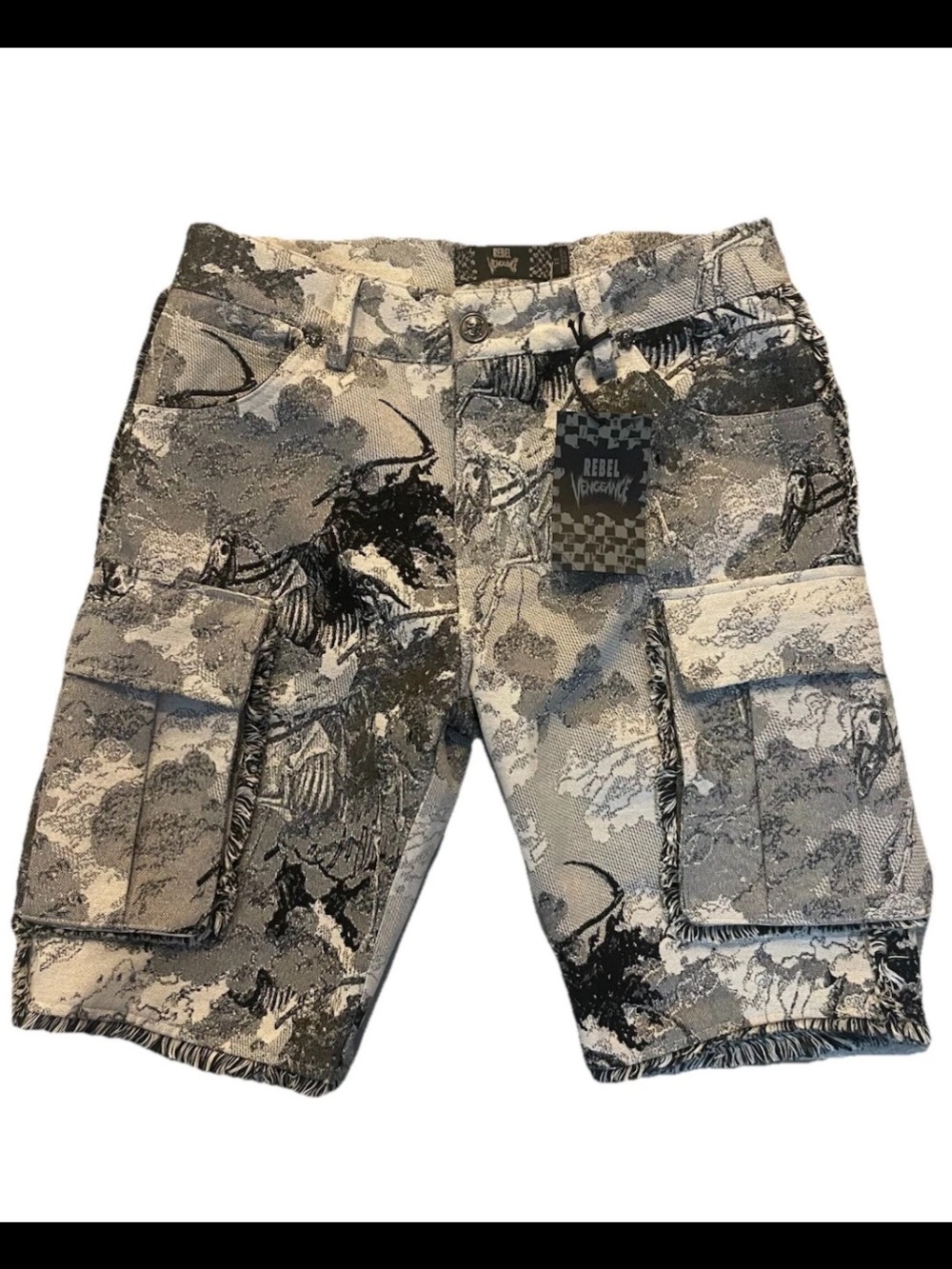 NWT Rebel Vengeance Grim Reaper Tapestry Cargo Shorts Black/White Sz 32